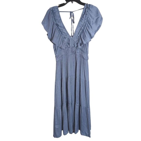 Joie Blue flutter Ruffle Pleated Crinkle Sundress Midi Dress Womens M - Picture 5 of 7